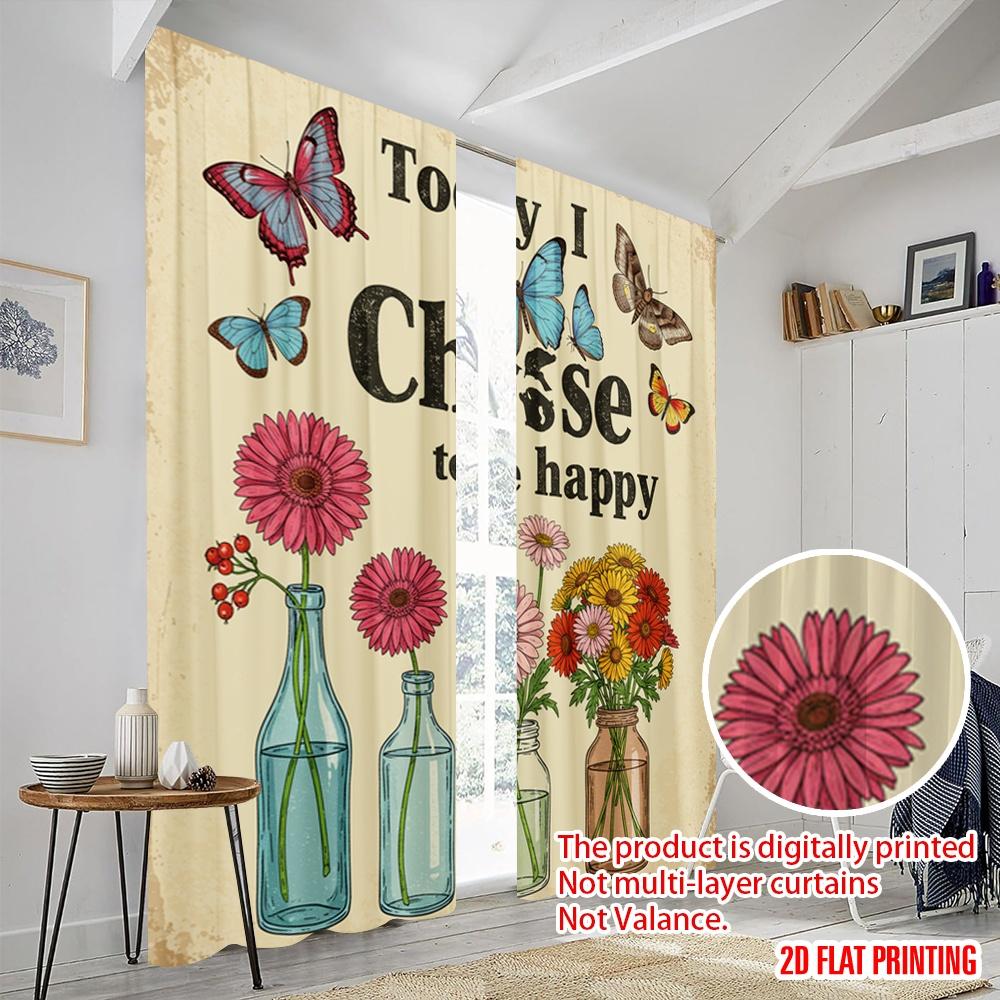 2pcs 2D Flat Printing Window Curtains Today I Choose Happy Butterflies Flowers Polyester Without Electricity Party Decorations