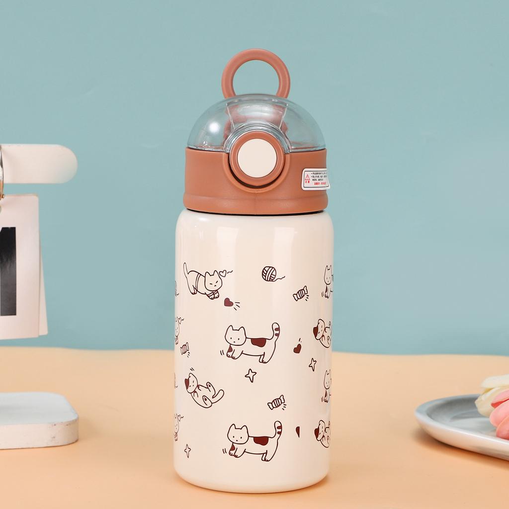 New Cartoon Kitten Pattern Straw Cup Stainless Steel Vacuum Cup Outdoor Portable Cup