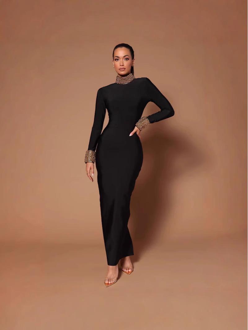 

Элегантное бандажное платье без спины, украшенное стразами – Облегающий крой для осени/зимы Large чёрный