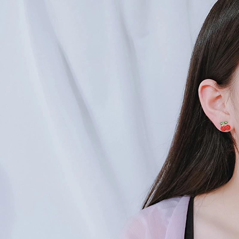 New S925 Silver Needle Cherry Mushroom Strawberry Apple Flower Red Stud Earrings Fashion Personality Earrings
