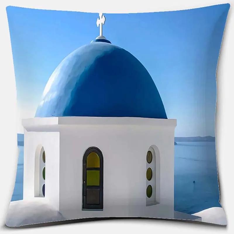 45x45cm Nordic Blue and White Castle Scenery Pillowcase Comfortable Sofa Seat Cushion Cover Hotel Home Decor Embrace Pillowcase