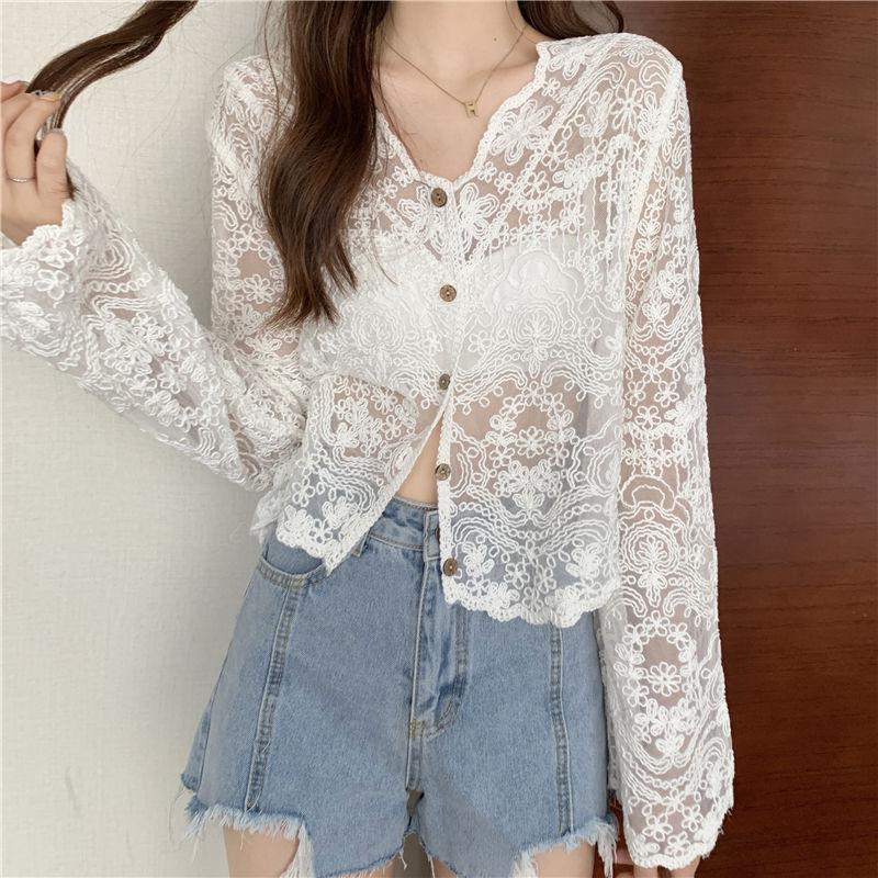 Women Summer Sheer Crochet Top Long Sleeve Button Front V-Neck Open-knit Embroidery Blouse M