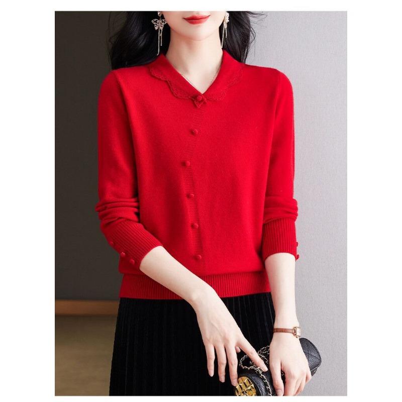 

Вязаный однотонный свитер, уменьшающий возраст, с лацканами, новый стиль, свободный базовый топ S красный
