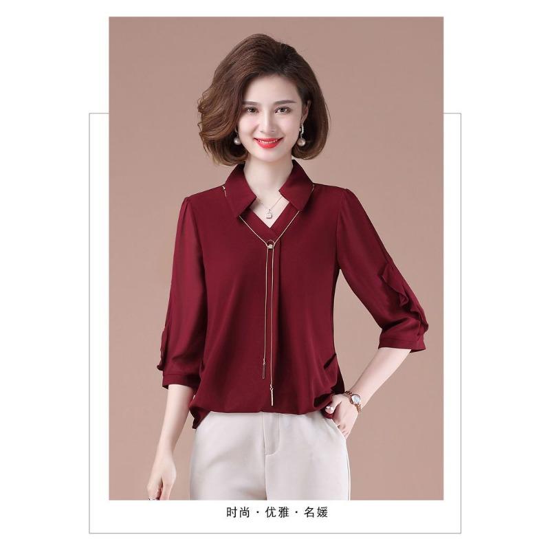 

Women s Navy Blue Chiffon Blouse Casual Lapel Half Sleeve Shirt with Metal Pendant Decor XL бордовий