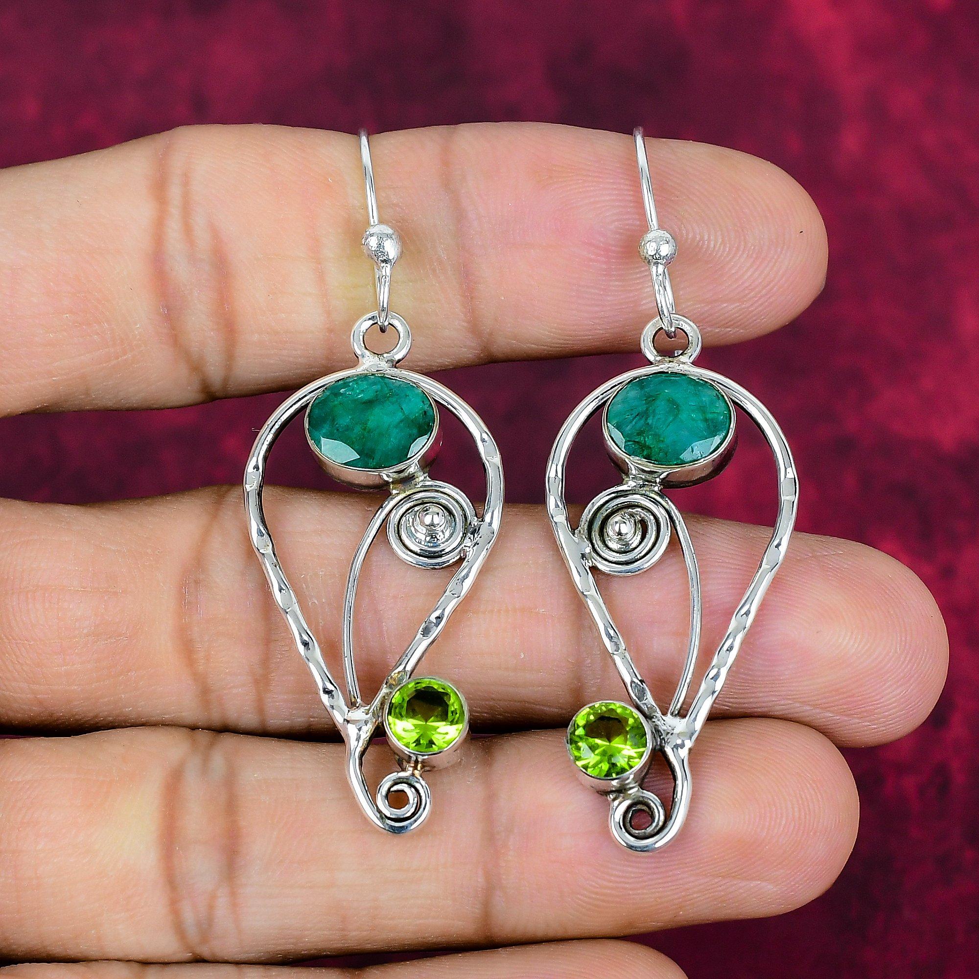 

Emerald & Peridot 925 Solid Sterling Silver Earrings, Handmade Gemstone Earrings Jewelry, Gifts For Wife Brand New Earrings 2.36 Inches зелёный