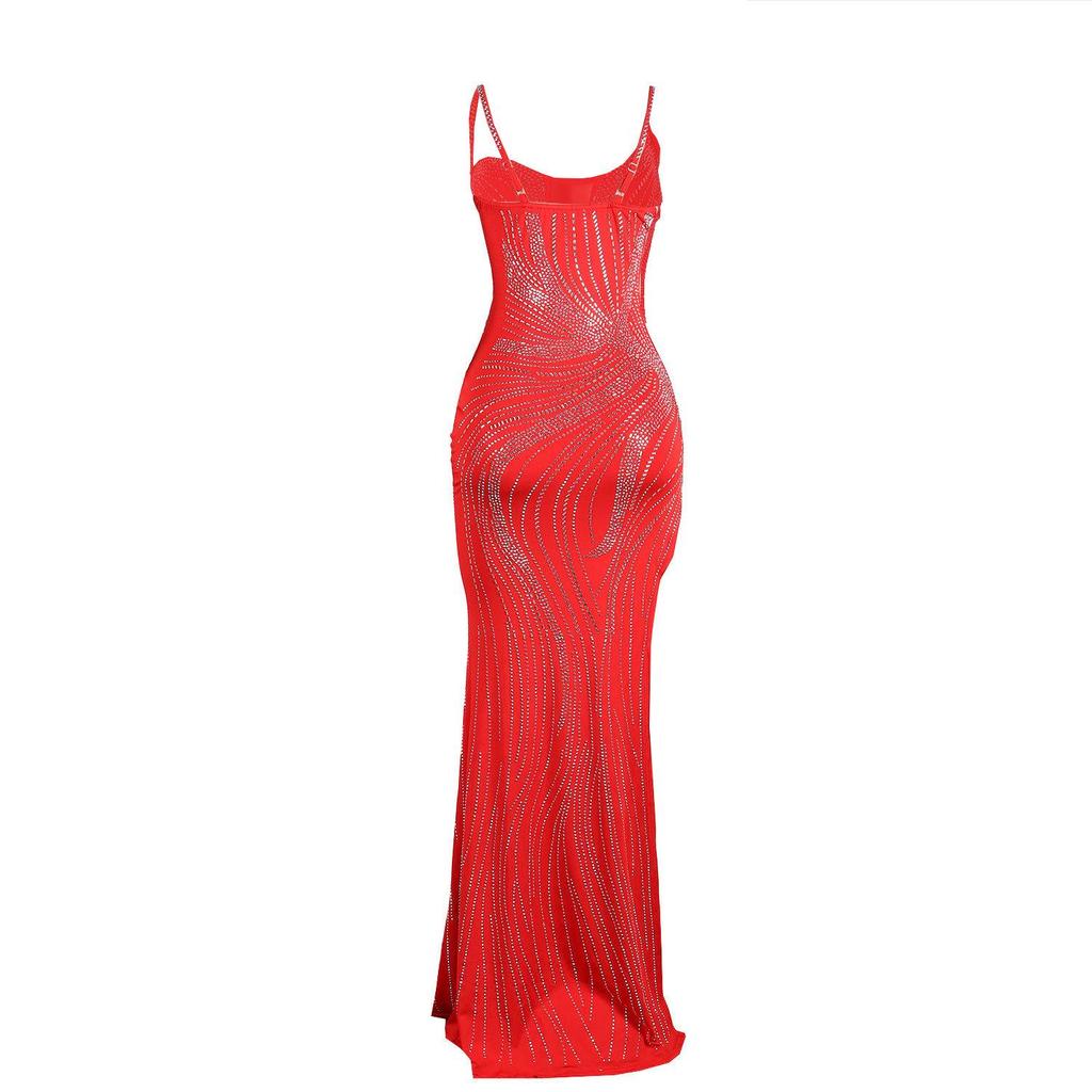 European & American Rhinestone Bodycon Spaghetti Strap Slit Dress for Nightclubs