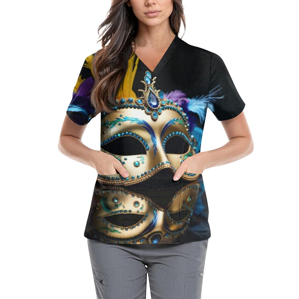 Women's  Carnival Themed Outfit Party Mask Pattern Caregiver Top