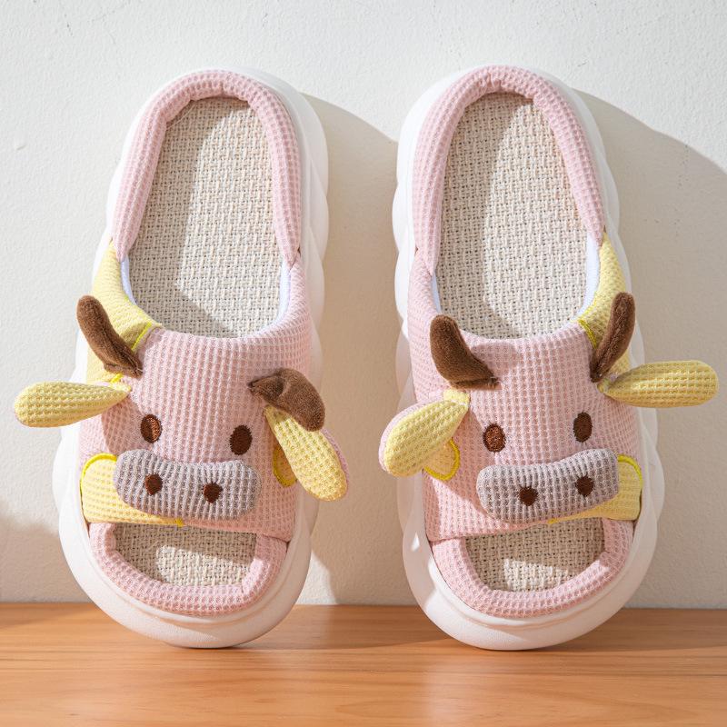 Cute Couple's Linen Slippers: Women's Summer Non-Slip, Thick-Soled, Sweat-Absorbent, Silent Cotton; Four Seasons Men's Style Included.
