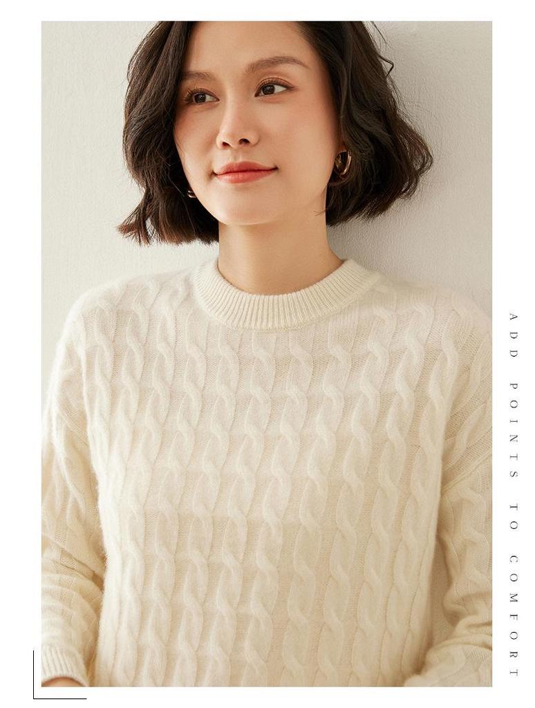 Women's Slim Fit Retro Cable Knit Cashmere Sweater - Round Neck Pullover, Base Layer for Autumn/Winter.