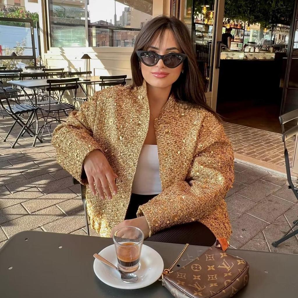 European & American Women's Sequin Stand-up Collar Jacket - Autumn/Winter 2025 Fashion, Solid Color, Short Casual Style