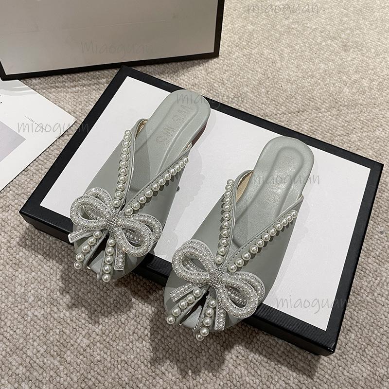 Fashion Women's Fashion Slippers Summer Footwear Pearl Flat Bow Rhinestone Outer Half Baotou Sandals Comfortable Soft Sole Women Shoes