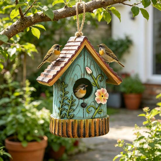 Garden Bird House Spacious Hole Hand-Painted Birdhouse Resin Waterproof Outdoor Hanging Birdhouse Sunproof for Bluebird Hummingbird Finch Cardinals