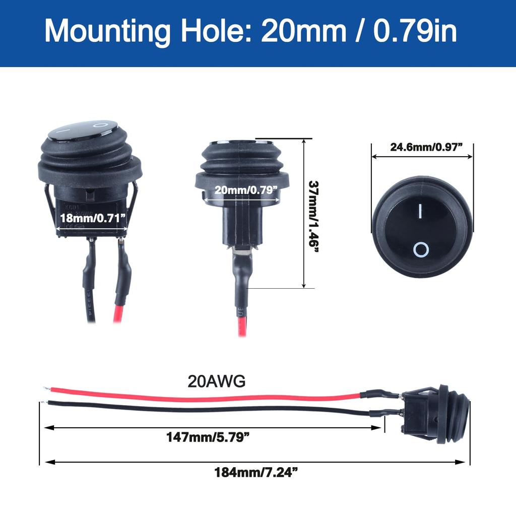Waterproof 20A ON-Off Round Rocker Toggle Switch 2 Pins 2 Positions 12V 24V 110V 220V with Pre-solderd Cable for Auto Car Marine (5Pcs Black Without