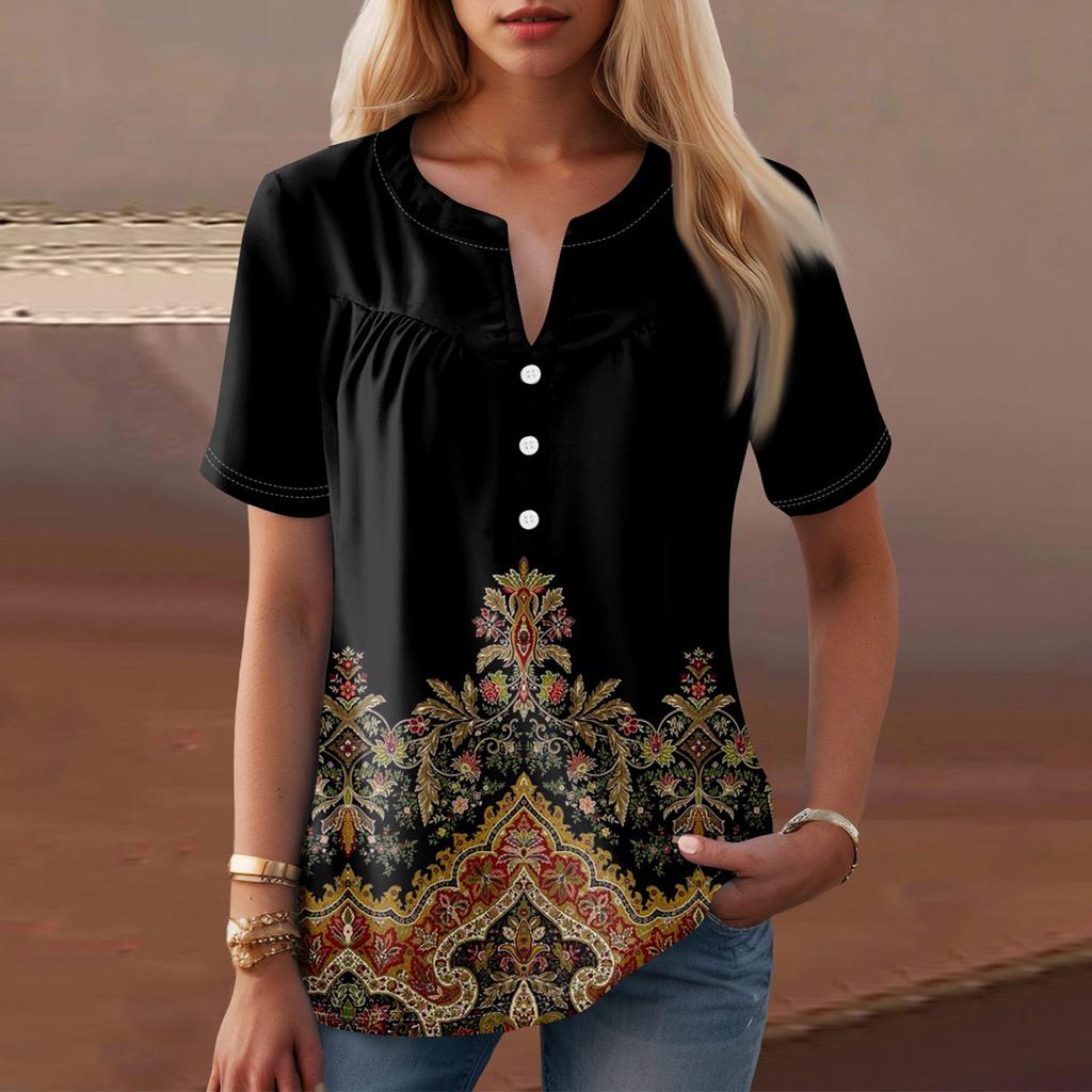 Women's Casual Floral Print V-Neck Short Sleeve Decorative Button T-Shirt Top