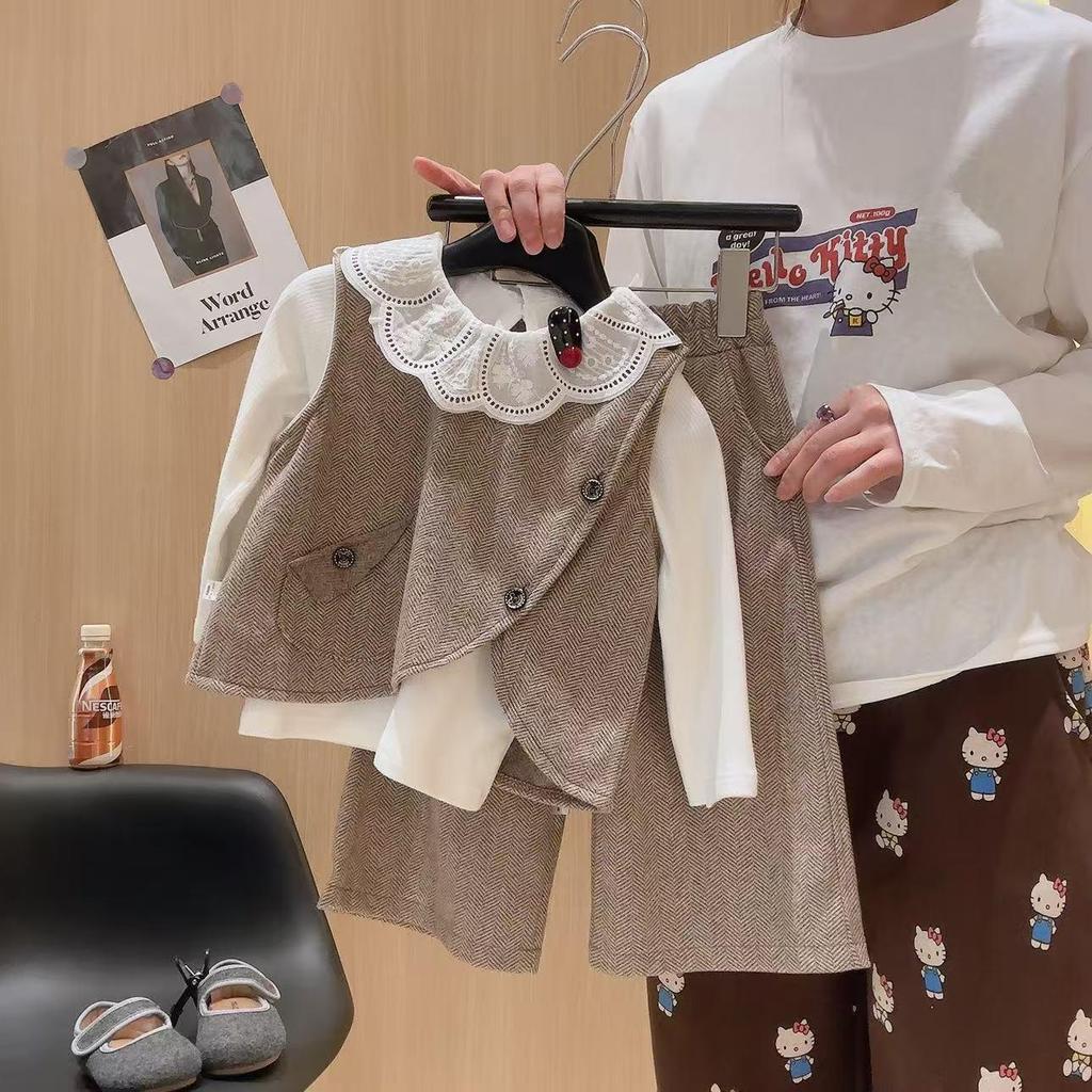 Girl's Korean Chic Tweed Vest Three-Piece Set for Spring/Autumn 2026