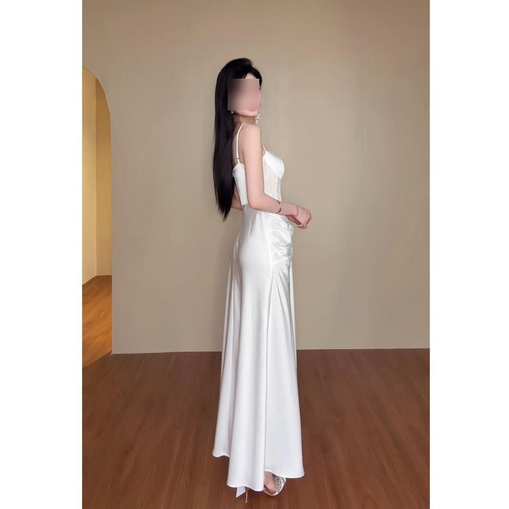 Celebrity White Lace Fishbone Suspender Party Birthday Dress Dress Femininity Skinny