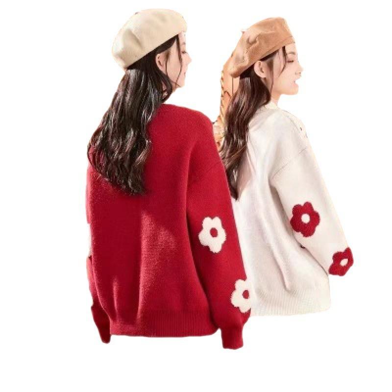 New autumn and winter lazy wind over red knitted sweater loose round neck milk whirring soft waxy festive pullover sweater