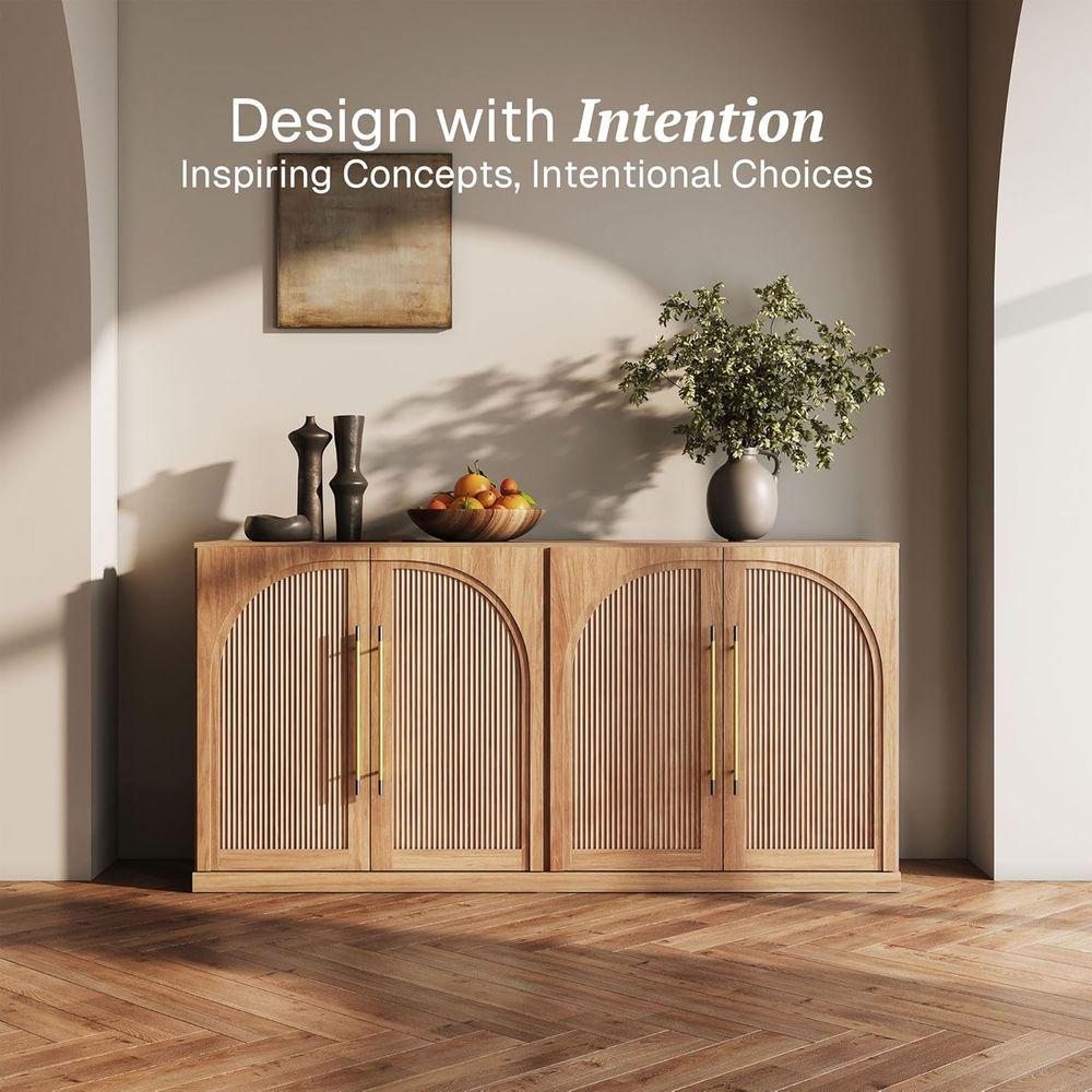 65 Tall Freestanding Accent Cabinet with Adjustable Shelves, Arched Design & Gold Handles for Living, Dining Rooms or Entryways