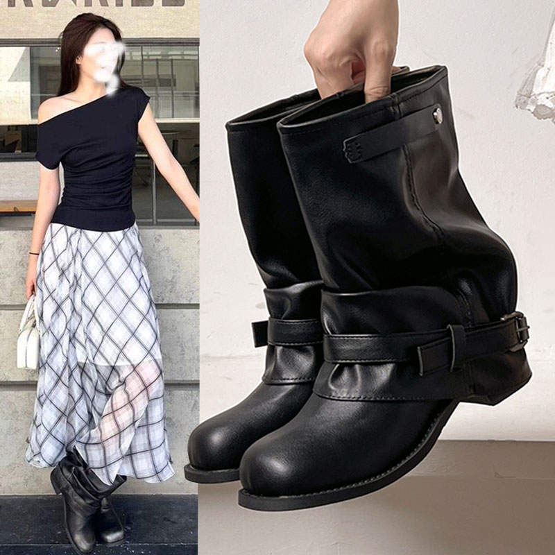 Western Jeans Tube Boots Women's Pleated Pile Black Wipe Round Head Vintage Thick Heel Knight Martin Boots Women's