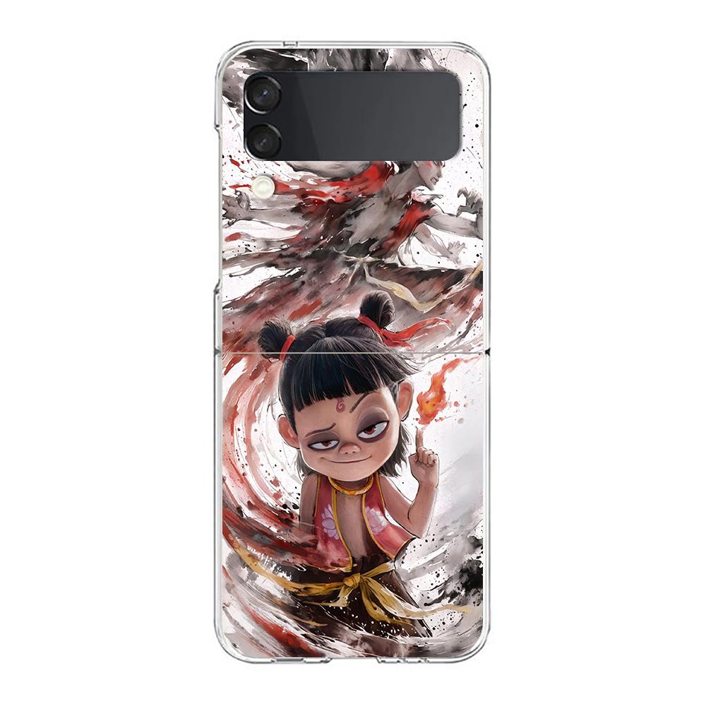 Phone Cover For Samsung Galaxy Z Flip 6 5 4 Case Transparent For Samsung Z Flip 3 Hard PC Foldable Shell Cartoon Nezha Capas Bag