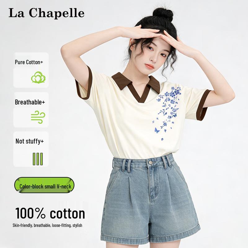 La Chapelle Women s Floral Print Color-Block Cotton T-Shirt 2XL
