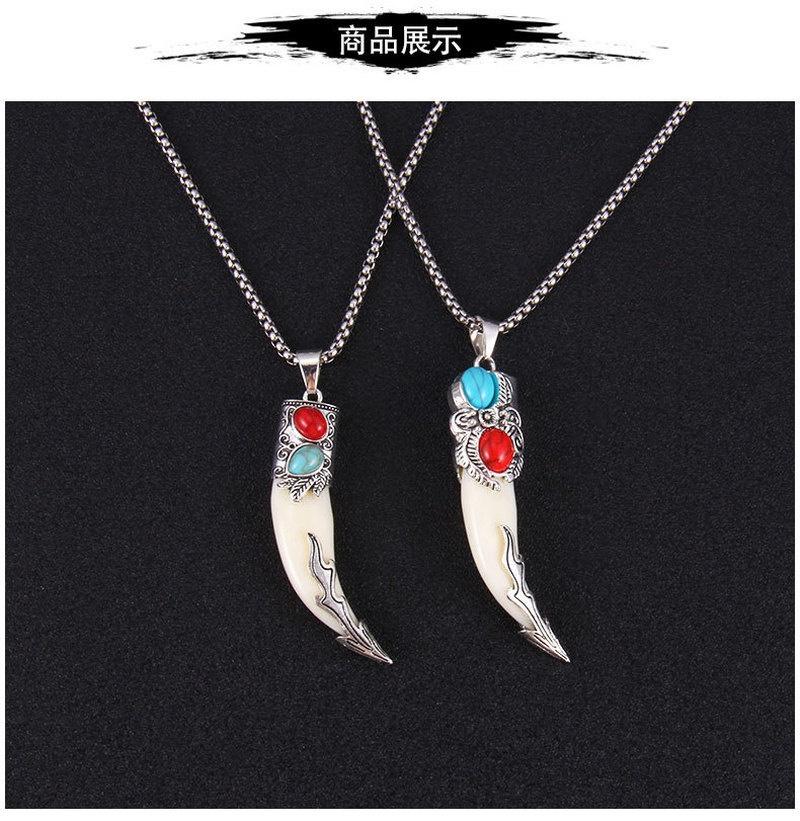 Turquoise, Wolftooth, Stainless Steel Necklace Retro Red Coral Inlaid Pendant Ornaments Accesssories for Women