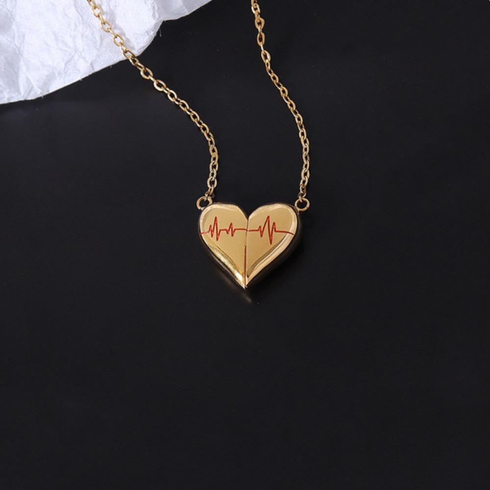 Heartbeat Magnetic Couple Necklace ECG Love Pendant Set Magnetic Clavicle Chain for Him and Her
