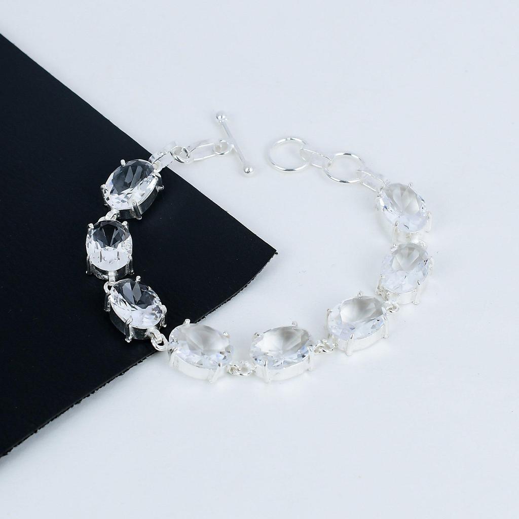 Beautiful White Topaz Gemstone Handmade 925 Sterling Silver Bracelet, Pink Kunzite Bracelet For Wife , Unisex Bracelet Gift For Her