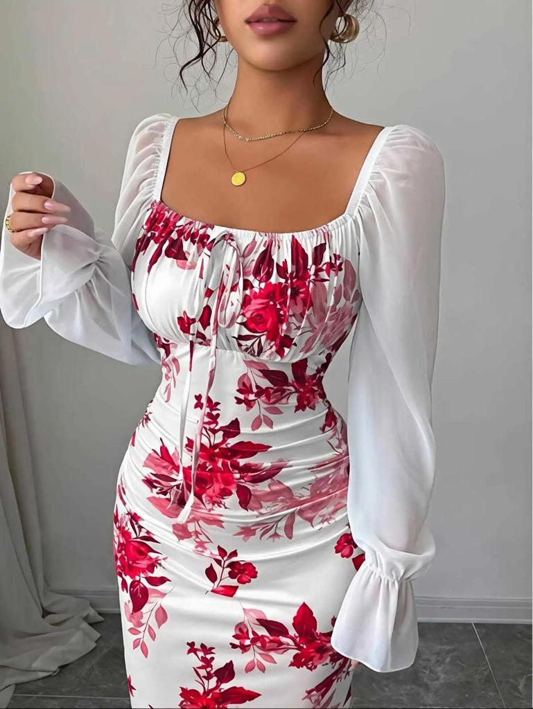 Women Fit and Flare White, Red Maxi/Full Length Dress
