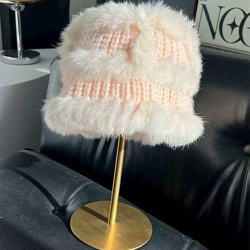 

Панама из кроличьего меха, утолщенная зимняя универсальная шляпа, плюшевая вязаная теплая шерстяная шляпа, подчеркивающая маленькое лицо, шляпа льва one size 55-60