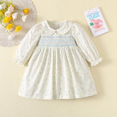 Girls Cotton Floral Smocked Long Sleeve Dress With Doll Collar Unique Princess Spring Autumn Casual Party Outfit