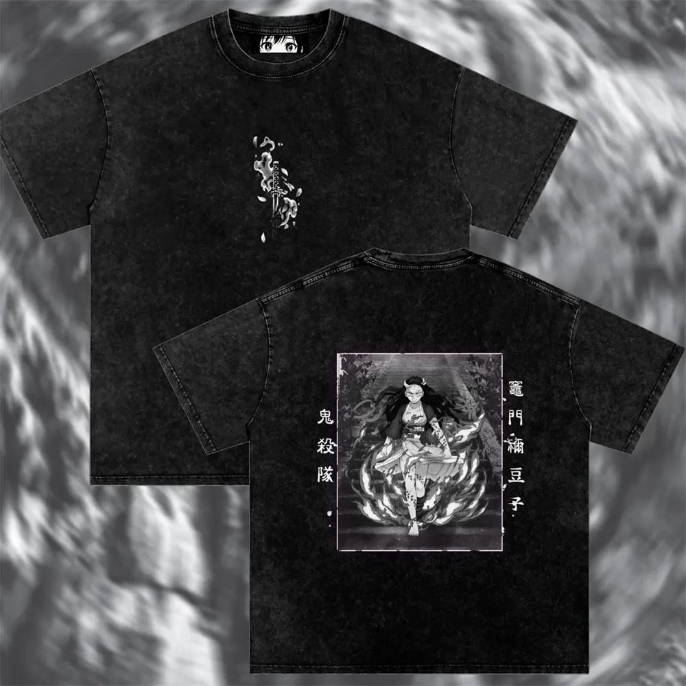 Demon Slayer Vintage Washed T-shirt Summer Casual Outdoor Daily Outfit Men's Harajuku Style T-shirt