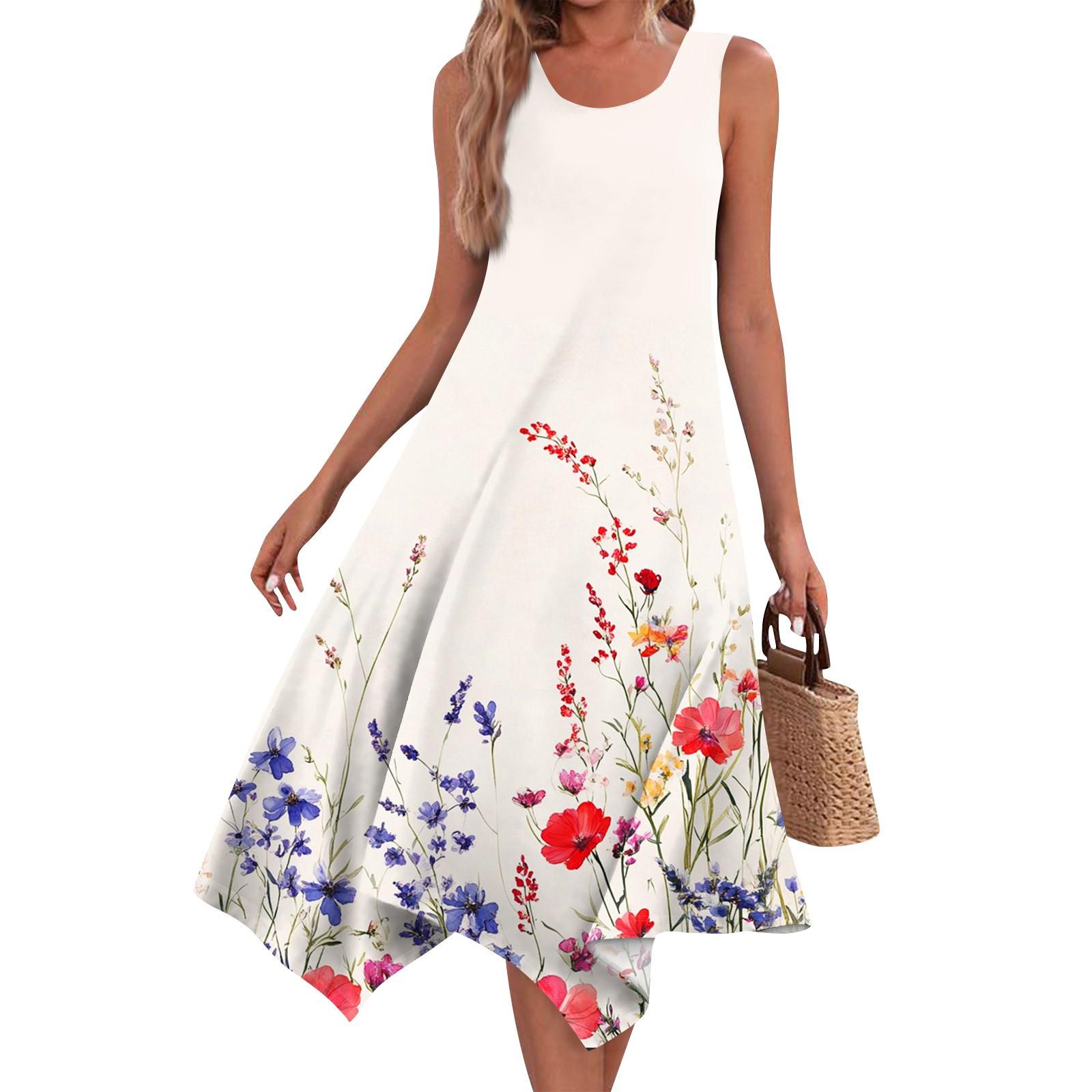 Women s Casual Fashion Round Neck Sleeveless Print Irregular Hem Midi Dress Hem Midi Dress L