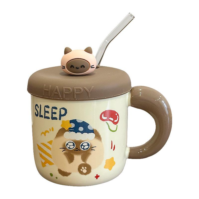 Cute Siamese Cat Ceramic Cup with Lid Girls Good-looking Drinking Water Cup Couple Ceramic Coffee Cup Birthday Gift