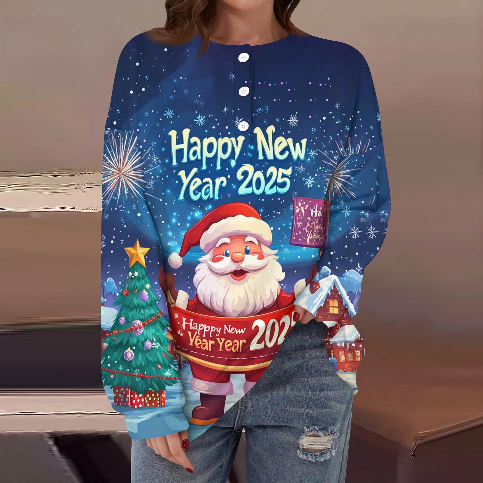 

Женская повседневная мода удобная рождественская футболка с длинным рукавом и круглым вырезом на пуговицах, свободный подол с боковыми разрезами XL арбуз красный