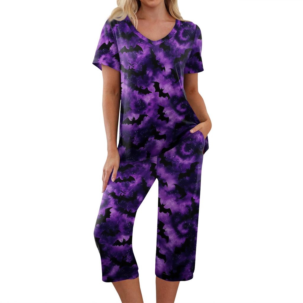Damen Halloween Zweiteiliges Outfit Set - Lässiges Kurzarm-Oberteil und Bedruckte Hose, Bequeme Sportbekleidung für Feiertagspartys