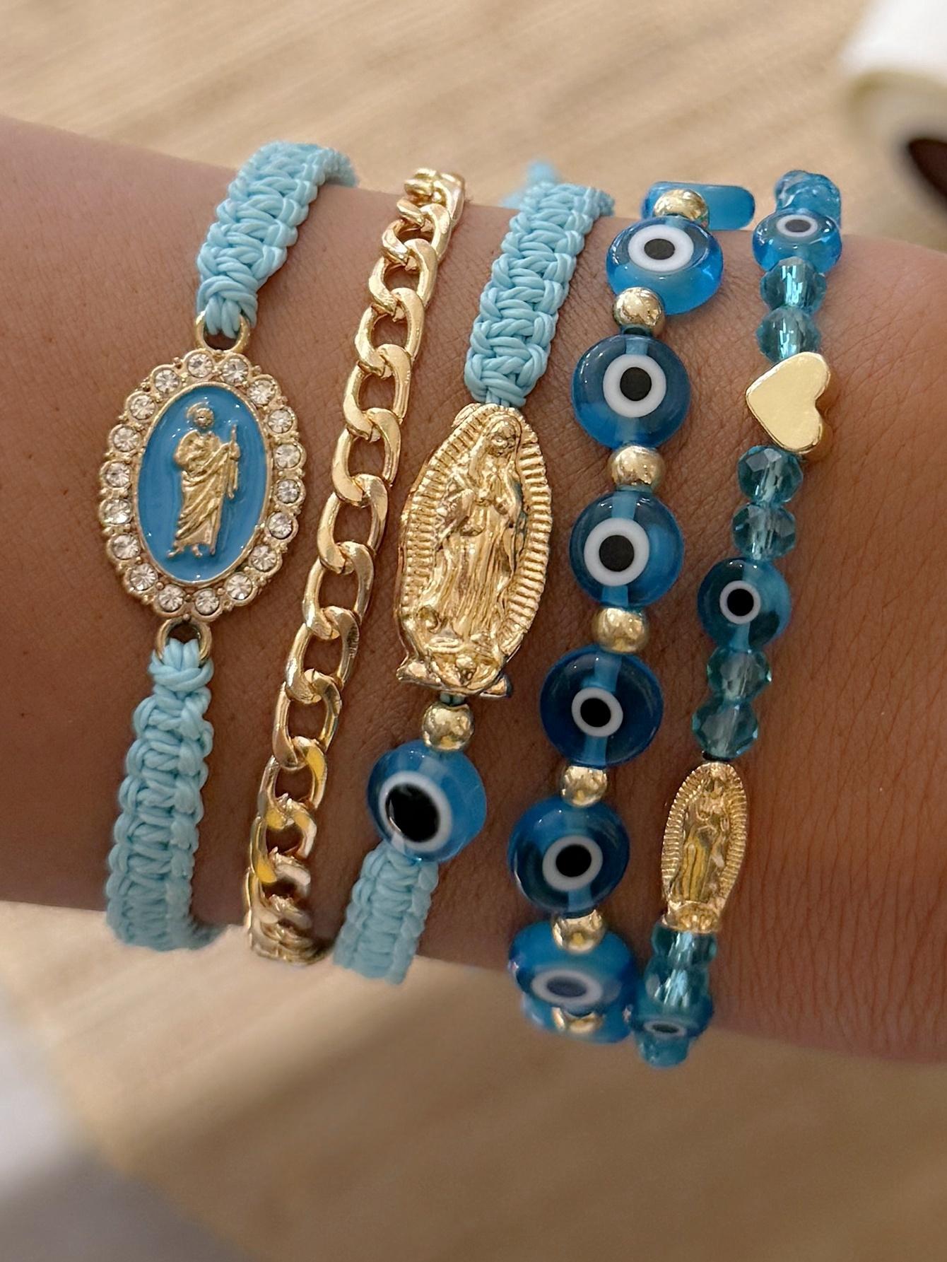 

Набор из 4 шт. браслетов-стретч из бисера цвета бирюзы в богемном стиле, с золотистыми стеклянными бусинами, эластичные, ручной работы, для девочек, для отпуска, с цирконом 16cm