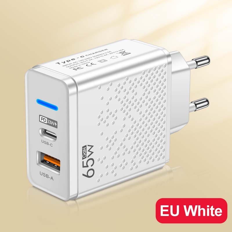 

Быстрая зарядка GaN 65 Вт PD USB Зарядное устройство 2 в 1 2 порта Быстрая зарядка Дорожное зарядное устройство Вилка EU/US/UK Для iPhone Samsung Huawei Xiaomi Телефон EU Plug белый