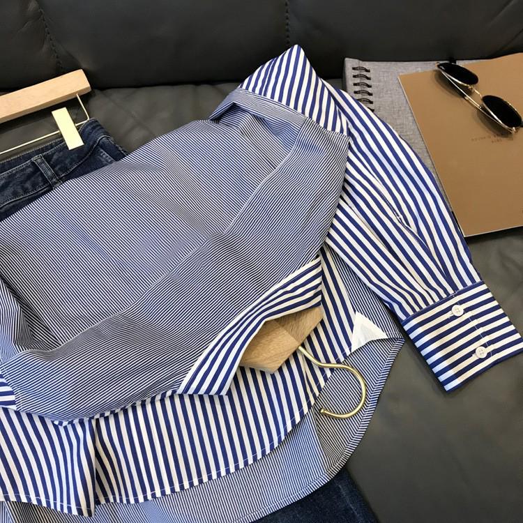 Kadınlar için Şık Mavi & Beyaz Çizgili Uzun Kollu Gömlek - Şık Sonbahar Tasarımı