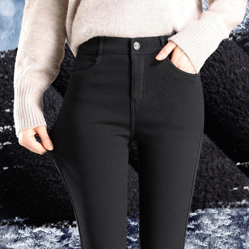 Women's High-Waisted Fleece-Lined Black Leggings, Autumn/Winter 2025, Stretchy, Slim-Fit Pencil Pants