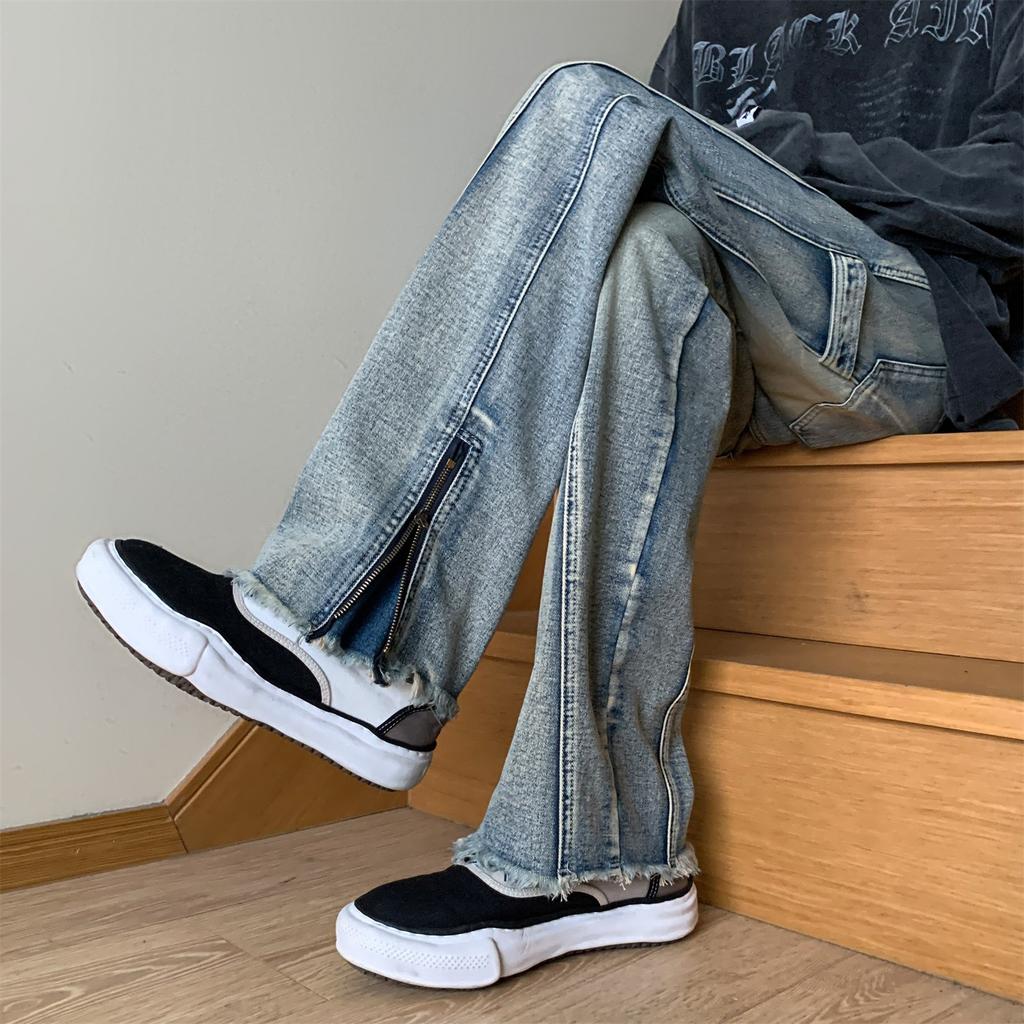 American retro jeans men's European and American high street vibe pants loose straight zipper split fork rough edge micro pull pants