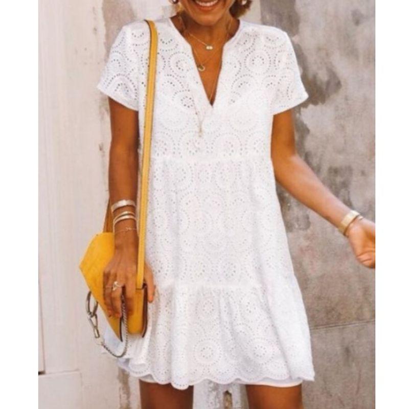 White V-neck Loose Hollow Fairy Dress Embroidery