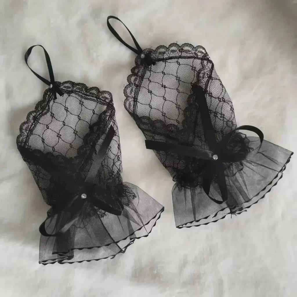 Lace Short Gloves for Women Bridal Wedding Lolita Style Mesh Hand Sleeves with Handmade Ribbon Bow And Hook Finger Glued