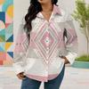 Women Plus Size Collared Long Sleeve Printed Red Floral Button Front Shirt Curved Hem