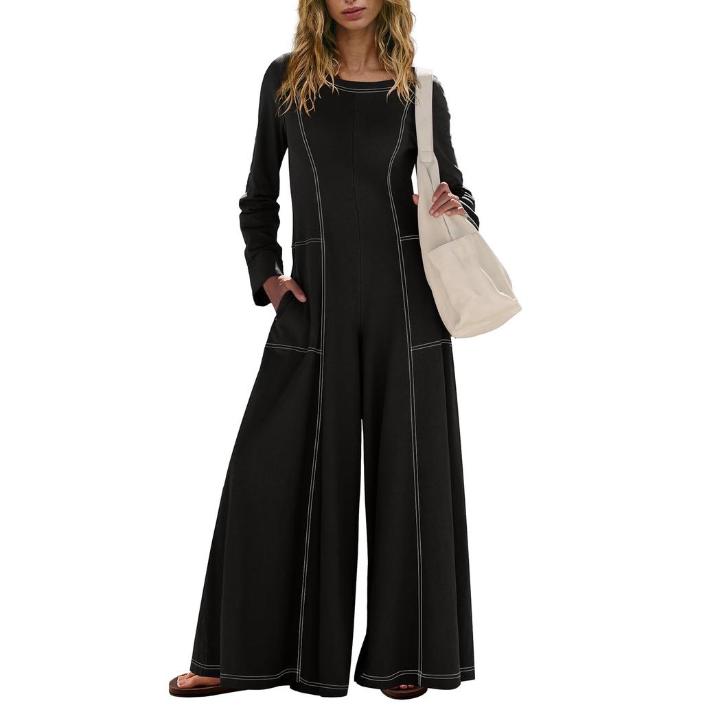 Casual Wide Leg Jumpsuits For Women Solid Color Overalls Rompers Outfits With Pockets