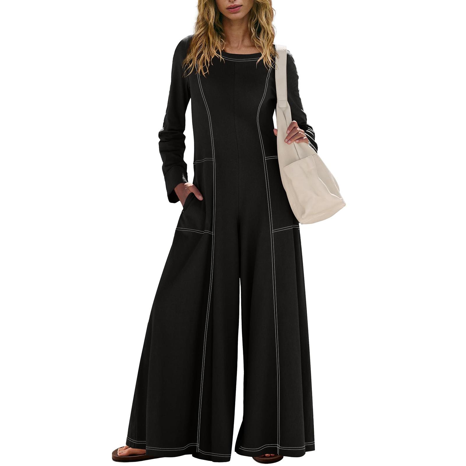 

Повседневные комбинезоны с широкими штанинами для женщин, однотонные комбинезоны, ромперы, наряды с карманами M