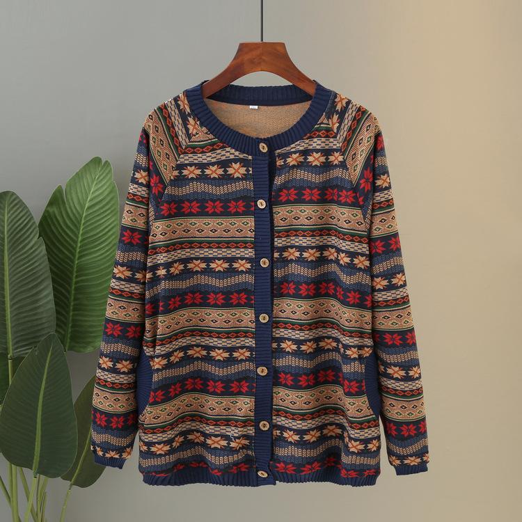 Middle-aged and Elderly Spring and Autumn Sweater Knitted Cardigan Jacket Female Mother Embroidered Round Neck Comfortable Top Old Lady