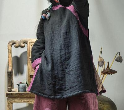 Damski sweter w stylu vintage parki patchworkowy kolorowy guzik szaty z długim rękawem zimowe ciepłe parki w stylu chińskim