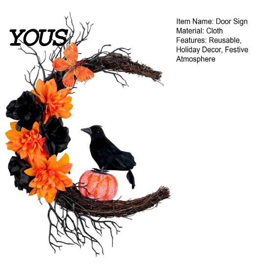 Realistic Theme Party Props Halloween Door Sign, Artificial Floral Branch Crow Moon Wall Hanger with Fabric Hanging Decor Bird, Spooky Window Yard for