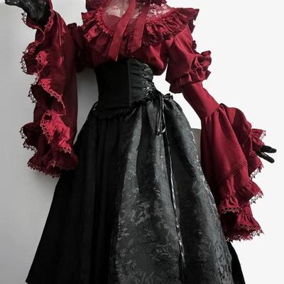 Vintage Spitze Patchwork Langarm Lolita Blusen Damen Hohe Taille Mittellang Locker Röcke Frühling Herbst